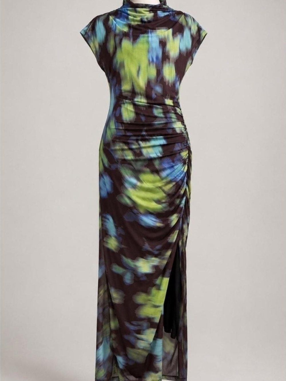 Anthropologie Abstract Ruched Maxi Dress in Brown, Green & Blue